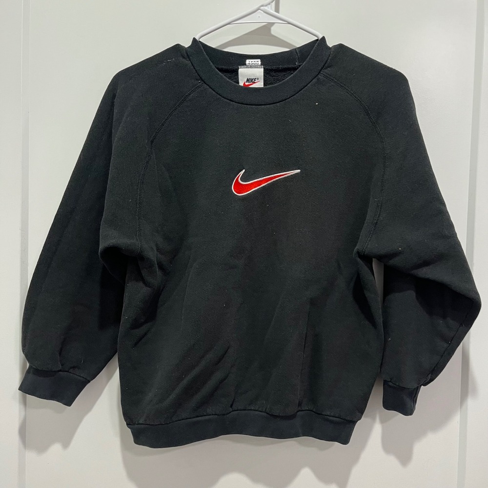 Vintage Nike Center Swoosh Sweatshirt Black Red Embroidered Pullover Youth M